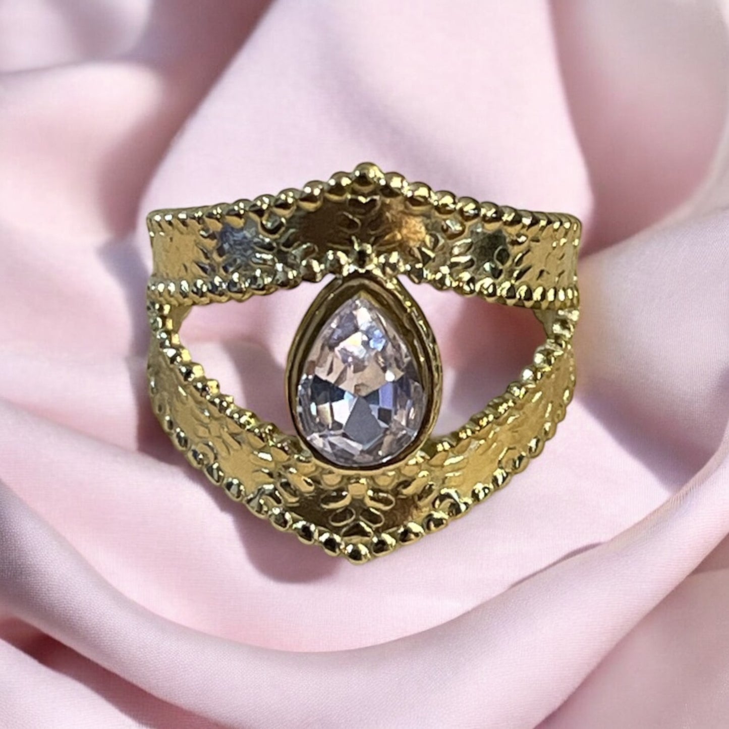 Bague Large Femme Mode Chic Orné d'un strass brillant rose - Acier inoxydable doré
