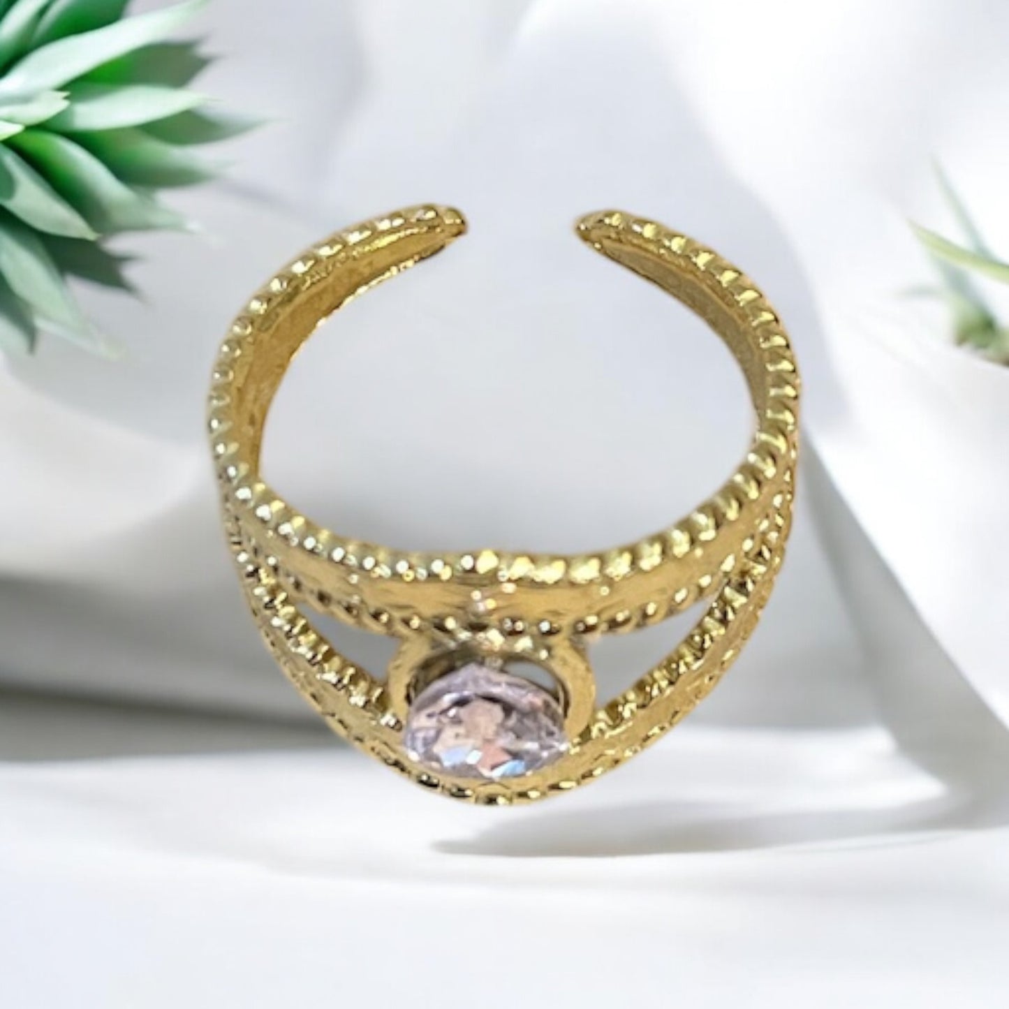 Bague Large Femme Mode Chic Orné d'un strass brillant rose - Acier inoxydable doré