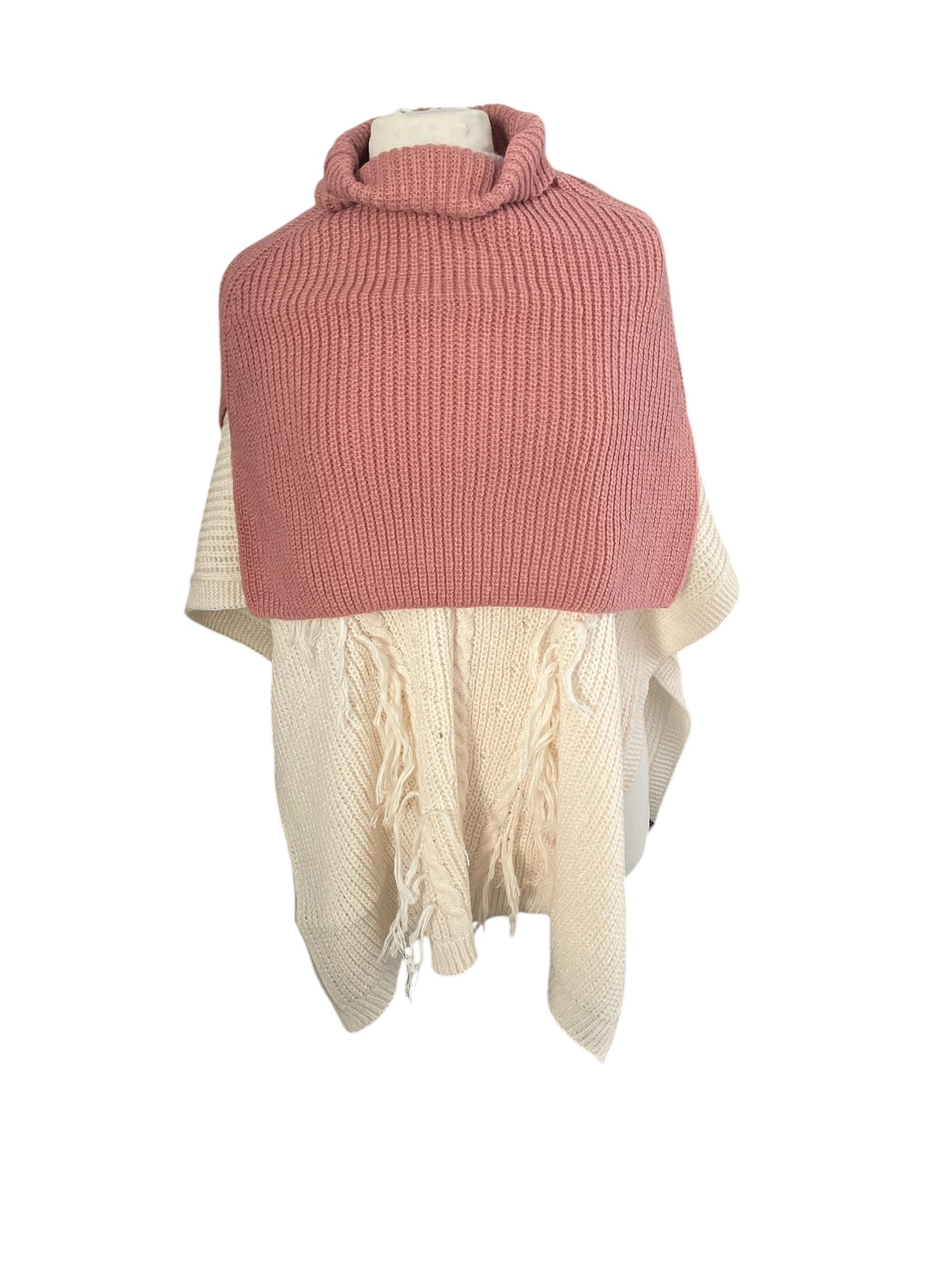 Poncho en Mail Femme avec motif tressé et franges