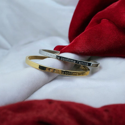Bracelet Jonc à message ( Le temps confirme l'amitié ) Acier inoxydable doré ou Argenté