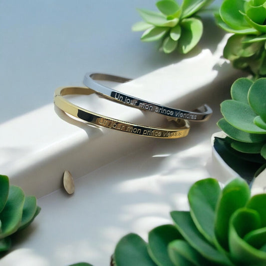 Bracelet Jonc à message ( Un jour mon prince viendras ) Acier inoxydable Doré ou Argenté