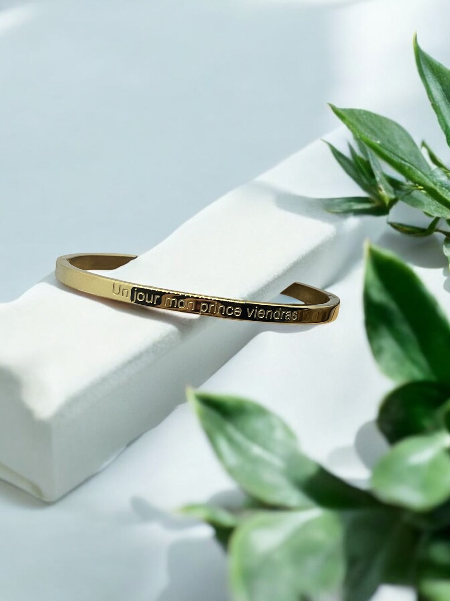 Bracelet Jonc à message ( Un jour mon prince viendras ) Acier inoxydable Doré ou Argenté