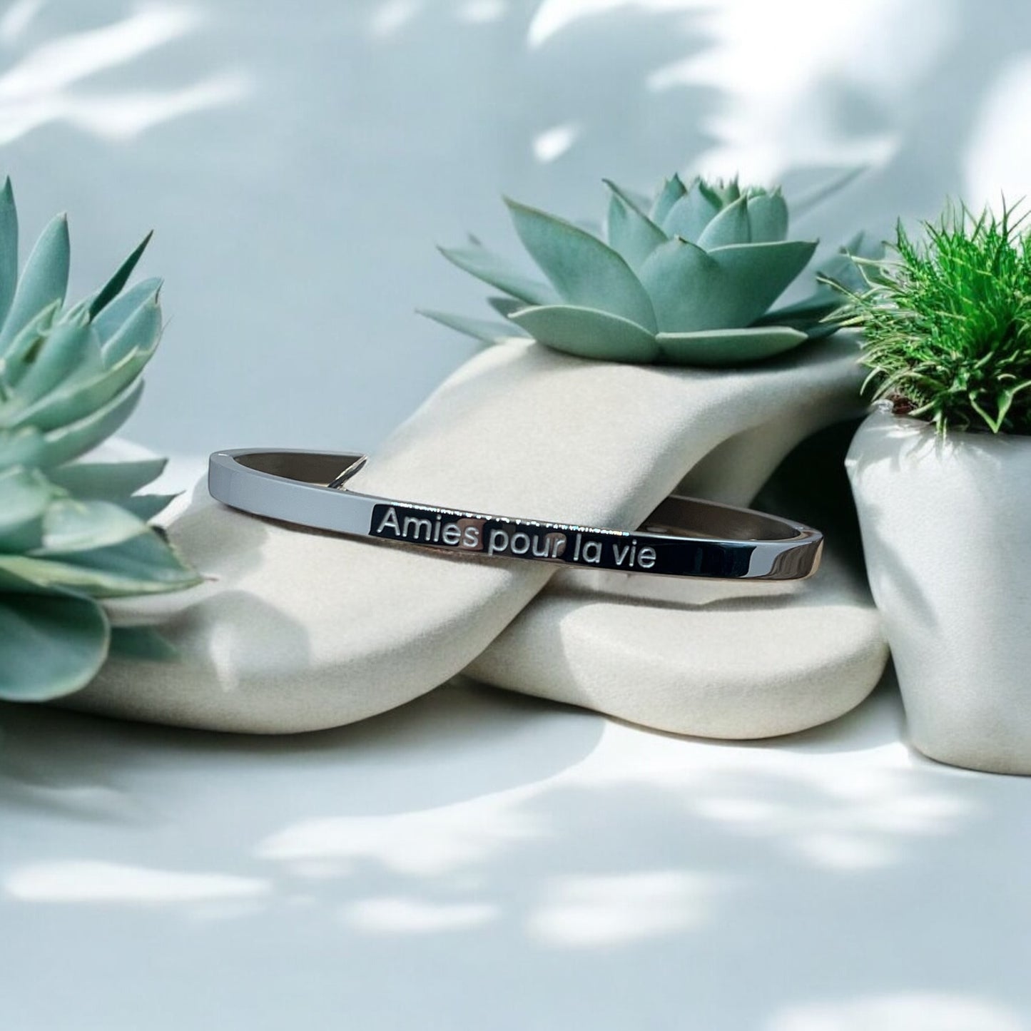 Bracelet Jonc à message ( Amies pour la vie ) Acier inoxydable Doré ou Argenté