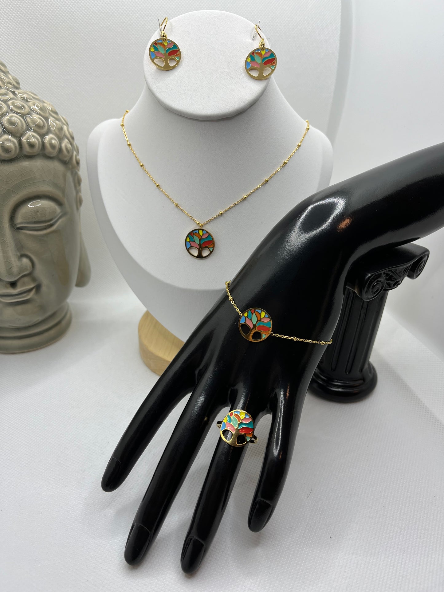 Ensemble Bijoux - Collier - Bracelet - Boucles D'Oreilles - Bagues *Arbre de vie multicolore*