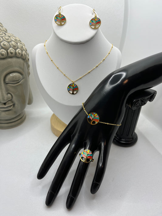 Ensemble Bijoux - Collier - Bracelet - Boucles D'Oreilles - Bagues *Arbre de vie multicolore*