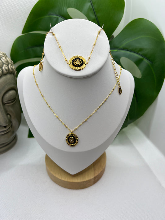 Ensemble Bijoux - Collier Ras de Cou - Bracelets *Pendentif doré - noir et petit brillant*