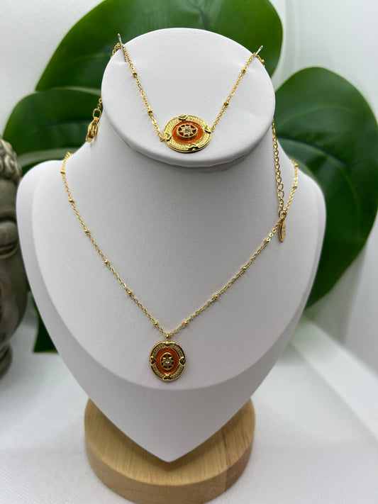 Ensemble Bijoux - Collier Ras de Cou et Bracelet * Pendentif doré - Orange - Petit brillant*
