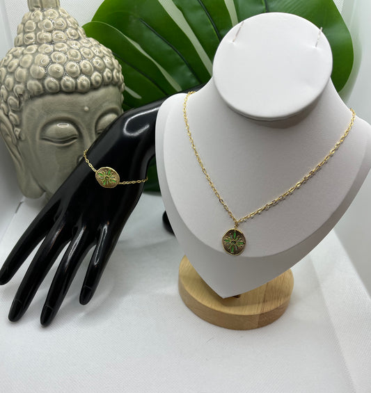 Ensemble Bijoux  Collier Ras de Cou - Bracelet * Pendentif doré - vert*