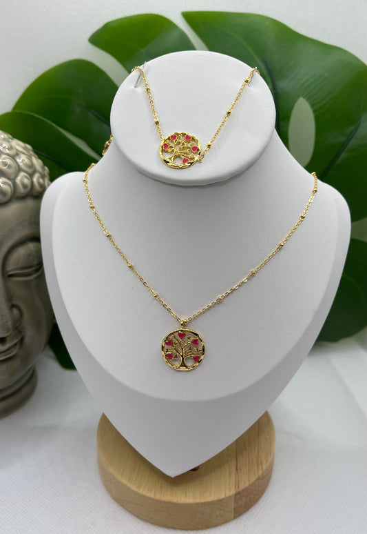 Ensemble Bijoux - Collier Ras de Cou - Bracelet * Pendentif doré Arbre de Vie et ses petits Coeurs Rose *