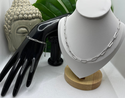 Ensemble Parure Bijoux Femme - Collier ras de cou et Bracelet *chaine Agrafe* Argenté