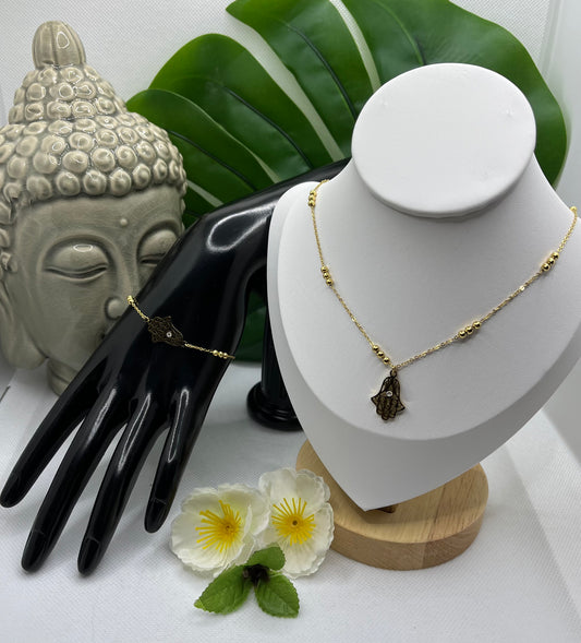 Ensemble Parure de Bijoux composé d'un Collier Ras de ou et d'un Bracelet avec pendentif Main avec son petit brillant