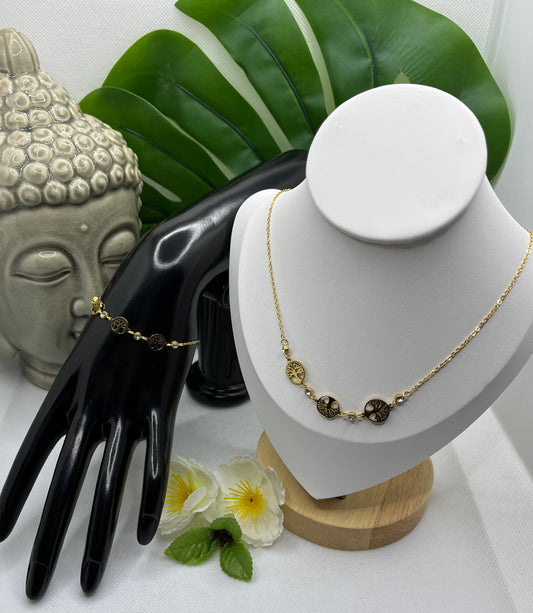 Ensemble Parure de Bijoux - Collier Ras de Cou et d'un Bracelet avec *Ces pendentifs Arbres de vie et ses petits Brillant*