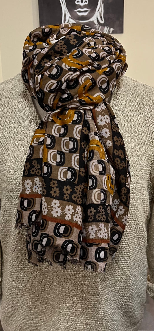 Foulard à la mode doux aux motif géométrique de couleur Noir, taupe, noir, écru, Ocre et petite fleurs