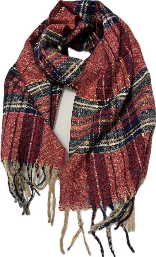 Echarpe Femme à Franges Douce et Chaude de couleur rouge et nuance de bleu et une pointe de doré