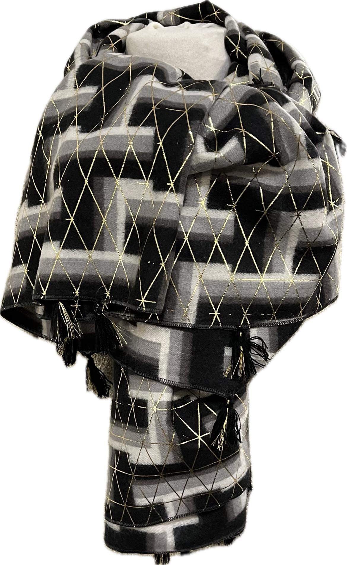 Jolie Echarpe Femme Chaude de couleur Noir et Gris et ses motif doré