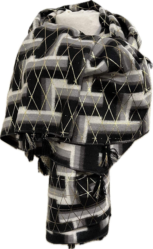 Jolie Echarpe Femme Chaude de couleur Noir et Gris et ses motif doré