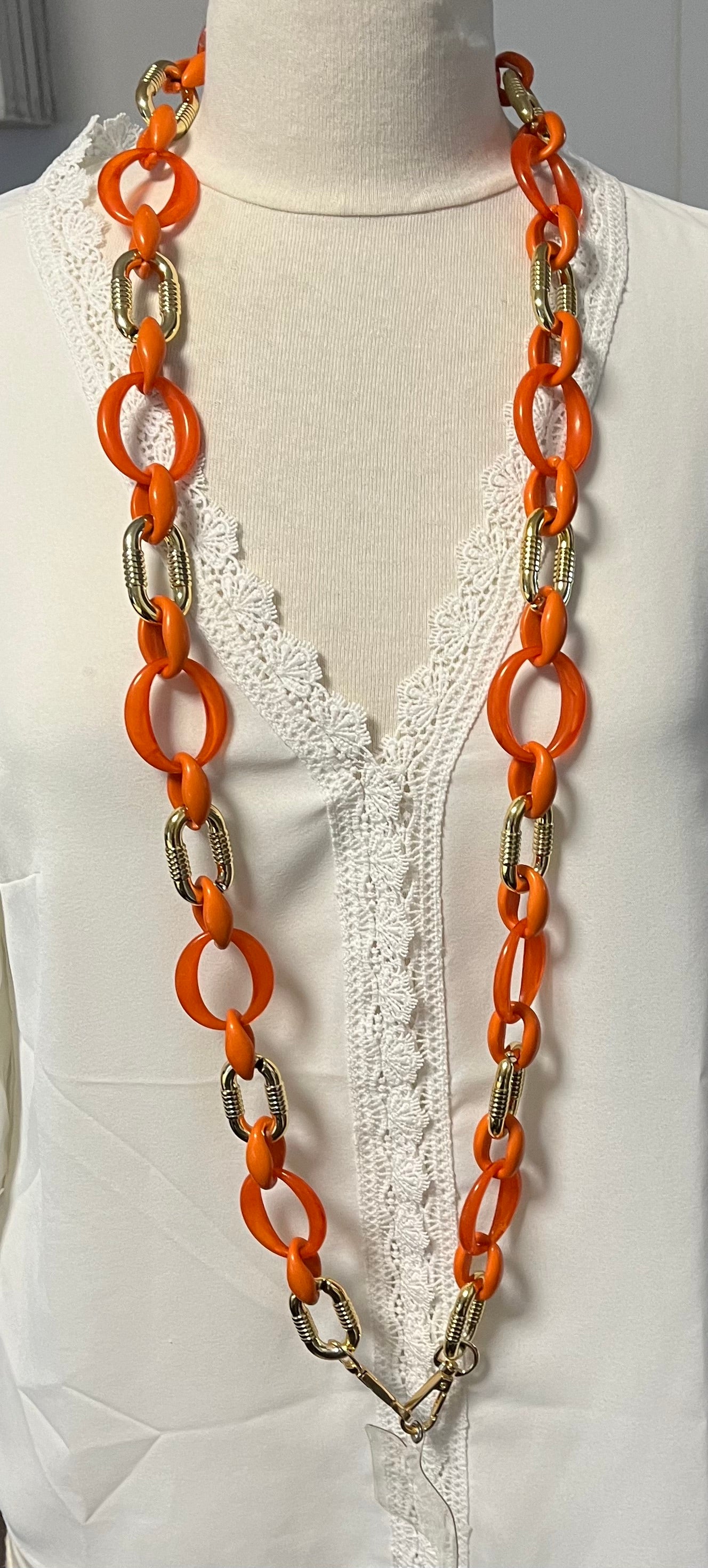 Chaine de Téléphone Portable Orange et Doré - Bijoux mode Acrylique - Tour de cou Téléphone