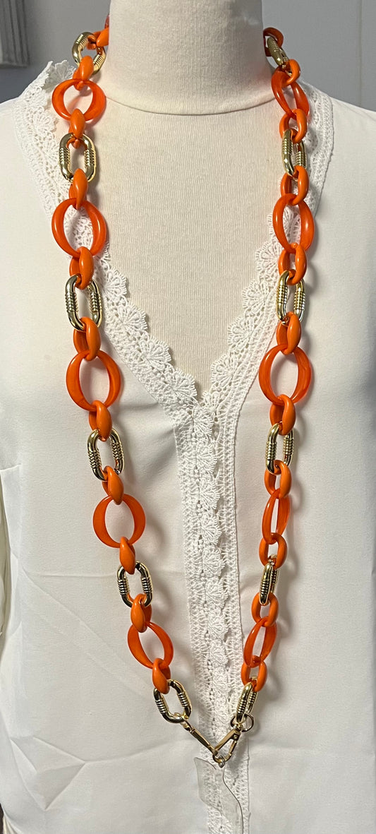 Chaine de Téléphone Portable Orange et Doré - Bijoux mode Acrylique - Tour de cou Téléphone