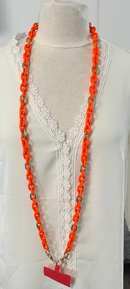 Chaine de Téléphone Portable Orange fluo et doré Petits maillons - Bijoux mode Acrylique - Tour de cou Téléphone