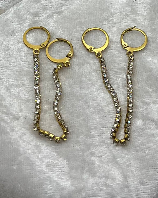 Boucles d'oreilles doubles anneau - chaînette strass brillant - acier inoxydable