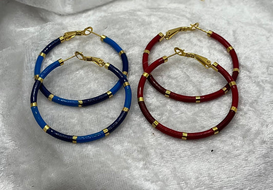 Boucles d'oreille Anneau - Acier inoxydable Doré - Couleur rouge et de couleur bleu