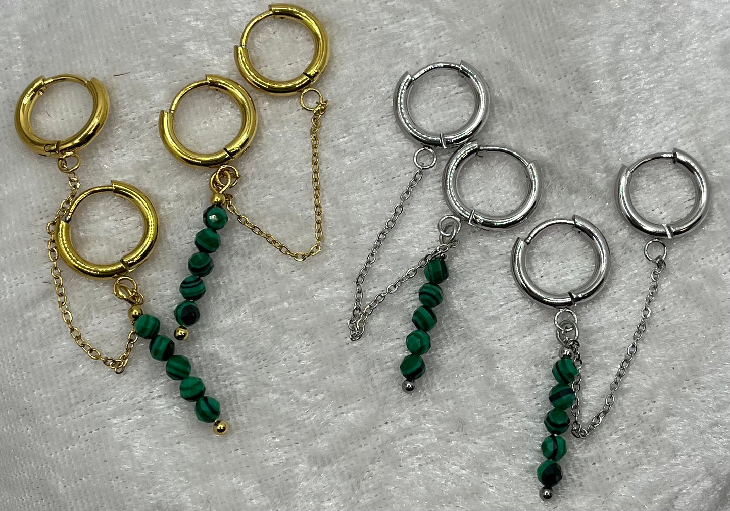 Boucles d'oreilles Chic double Anneau - Pierres Malachites - Acier inoxydable - Doré et Agent