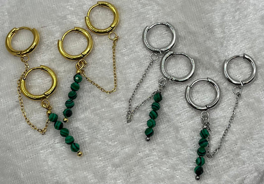 Boucles d'oreilles Chic double Anneau - Pierres Malachites - Acier inoxydable - Doré et Agent