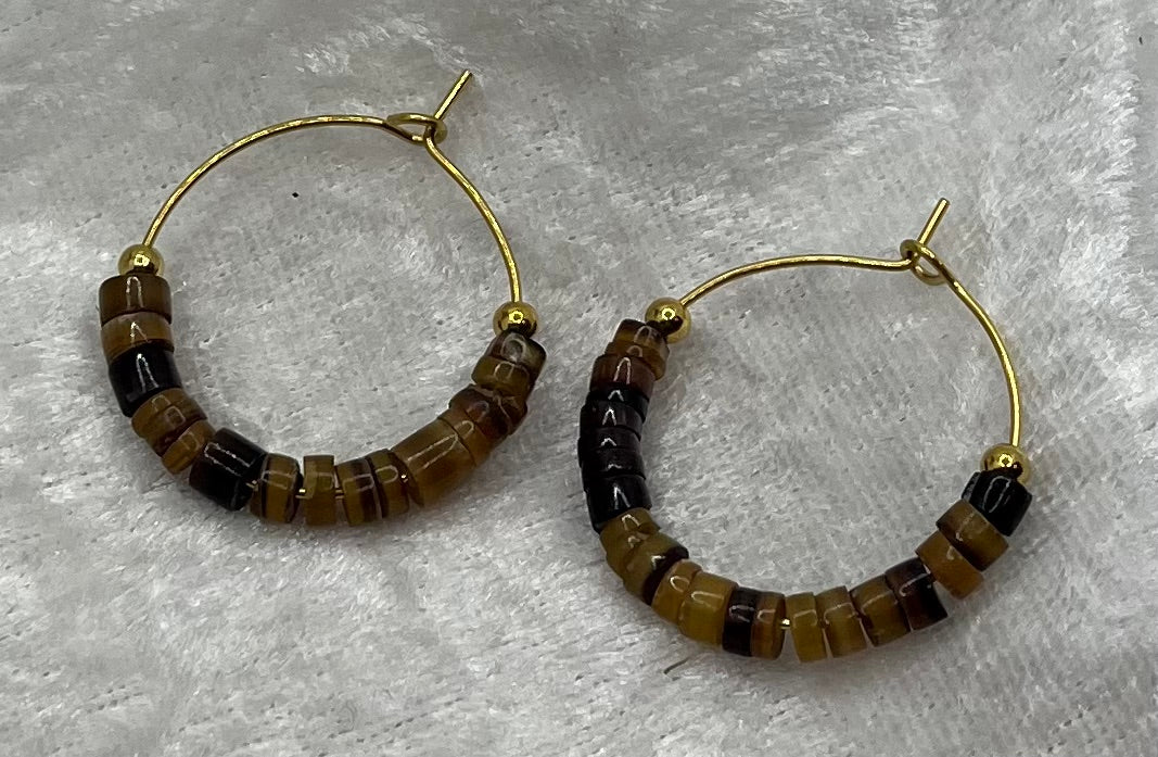 Boucles d'oreilles Anneau Pierre Oeil de Tigre - Acier inoxydable Doré