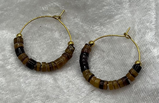 Boucles d'oreilles Anneau Pierre Oeil de Tigre - Acier inoxydable Doré