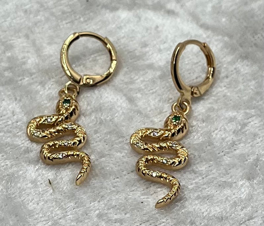 Boucles d'oreilles Créoles  - Pendentif serpent et de strass - Acier inoxydable Doré