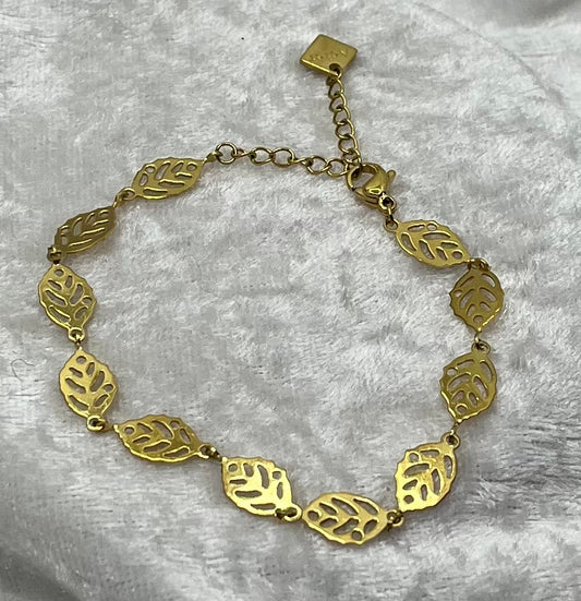 Bracelet Maillon feuilles élégant Femme - Acier inoxydable   doré
