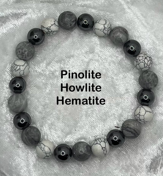Bracelet pierres Naturelles (10 mm) - Pinolite - Howlite - Hématite