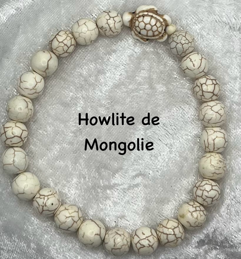 Bracelet Pierre Naturelle (10 mm) - Howlite de Mongolie avec sa petite tortue