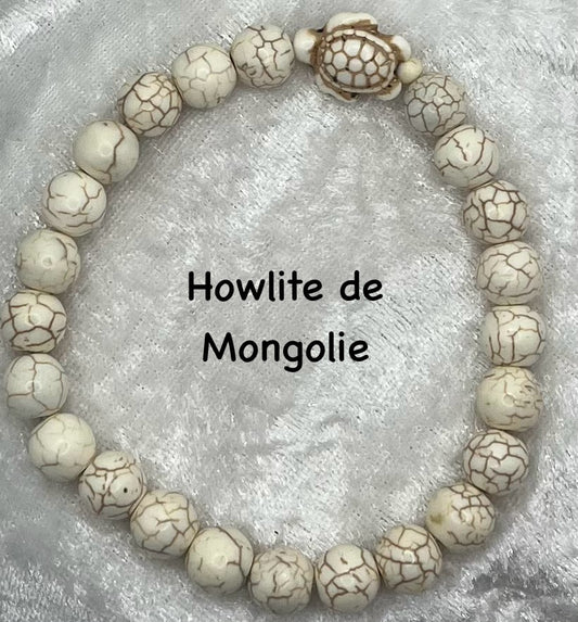 Bracelet Pierre Naturelle (10 mm) - Howlite de Mongolie avec sa petite tortue