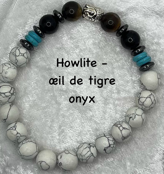 Bracelet pierre Naturelle - Howlite, Oeil de tigre, Onyx et son bouddha acier inoxydable
