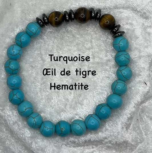 Bracelet Pierres Naturelles - Turquoise, Oeil de tigre, Hématite