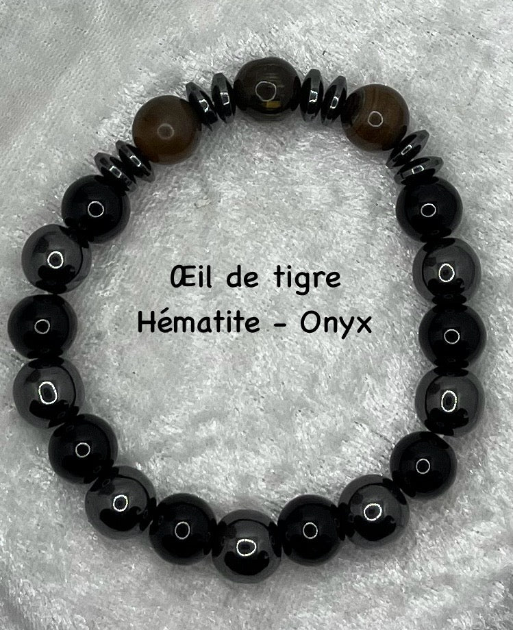 Bracelet Pierre Naturelle - Oeil de tigre - hématite - Onyx