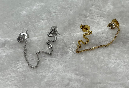 Boucles d'oreille à deux trous strass brillant et sepent - Doré ou en Argenté