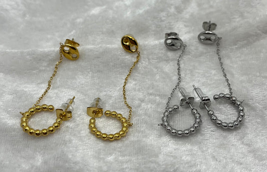 Boucles d'oreilles à deux trous Grain de café et anneau  - Doré ou en Argenté