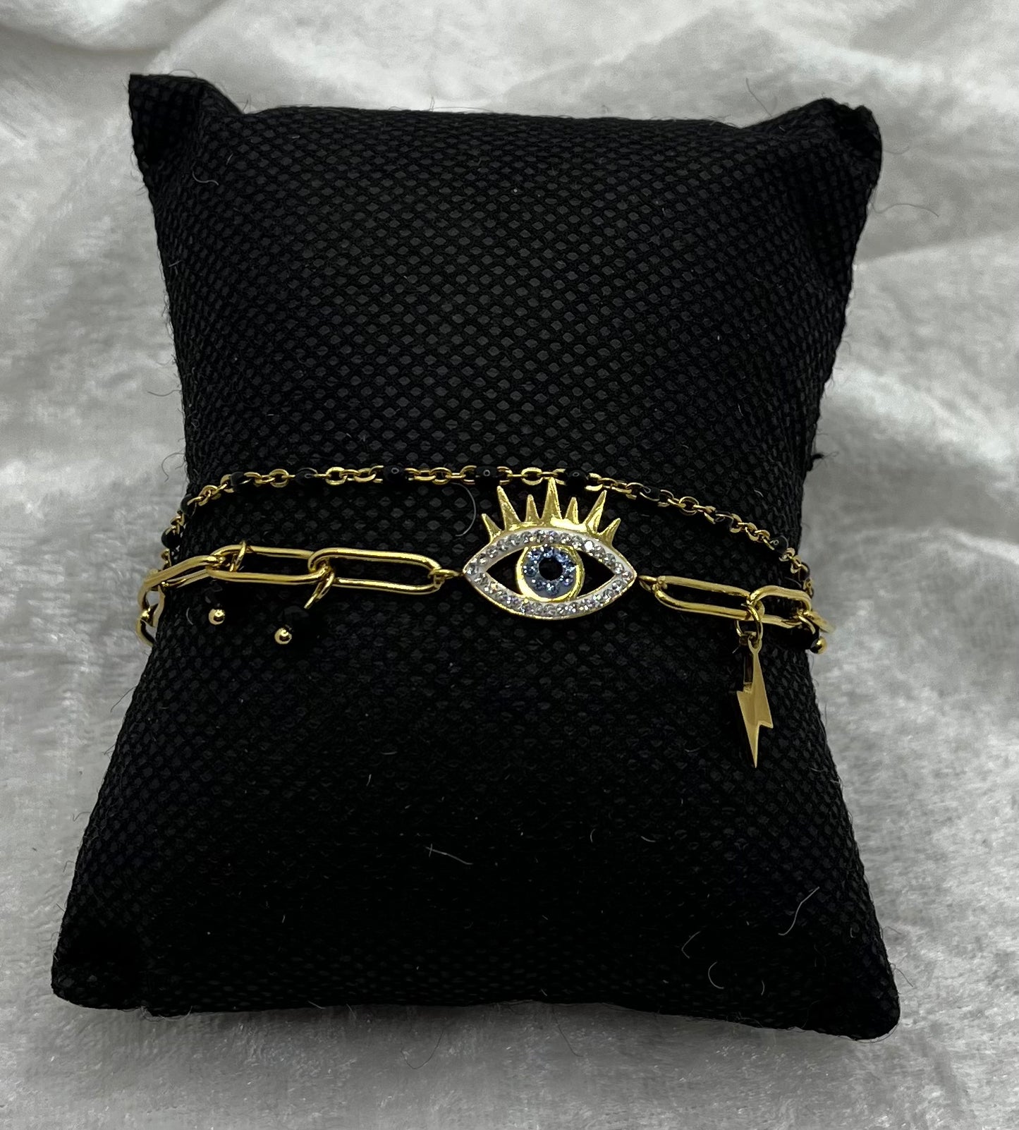 Bracelet 2 Chaines élégant et chic Avec Oeil ornés de strass - Acier Inoxydable - Doré