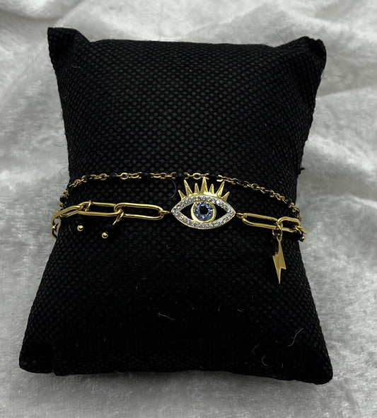 Bracelet 2 Chaines élégant et chic Avec Oeil ornés de strass - Acier Inoxydable - Doré
