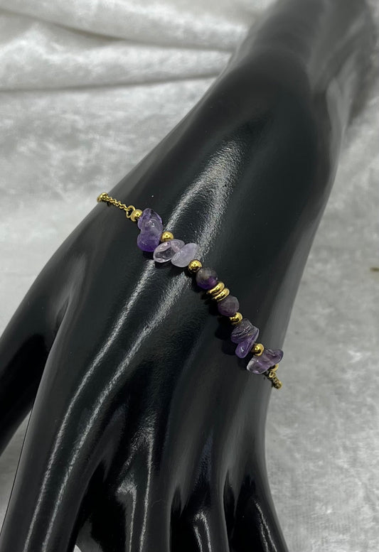 Bracelet Femme Chaine fine Orné de Pierres Naturelles Améthyste - Acier Inoxydable - Doré