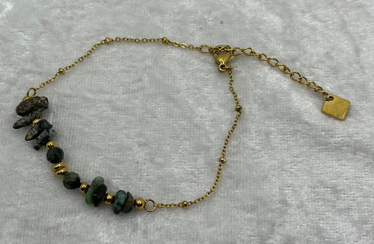 Bracelet Femme Chaine fine Orné de Pierre Naturelle Turquoise Afrique - Acier Inoxydable - Doré