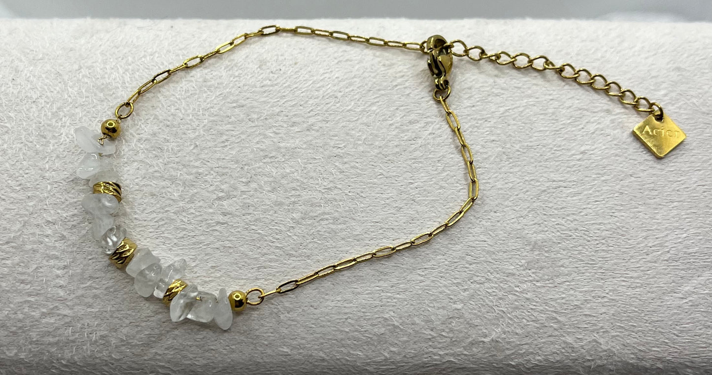 Bracelet Chaine fine Femme Chic Orné de Pierres naturelles Cristal - Acier Inoxydable doré