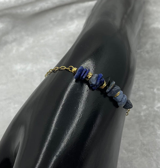 Bracelet Chaine fine Femme Orné de Pierres Naturelles Lapis Lazuli - Acier inoxydable doré
