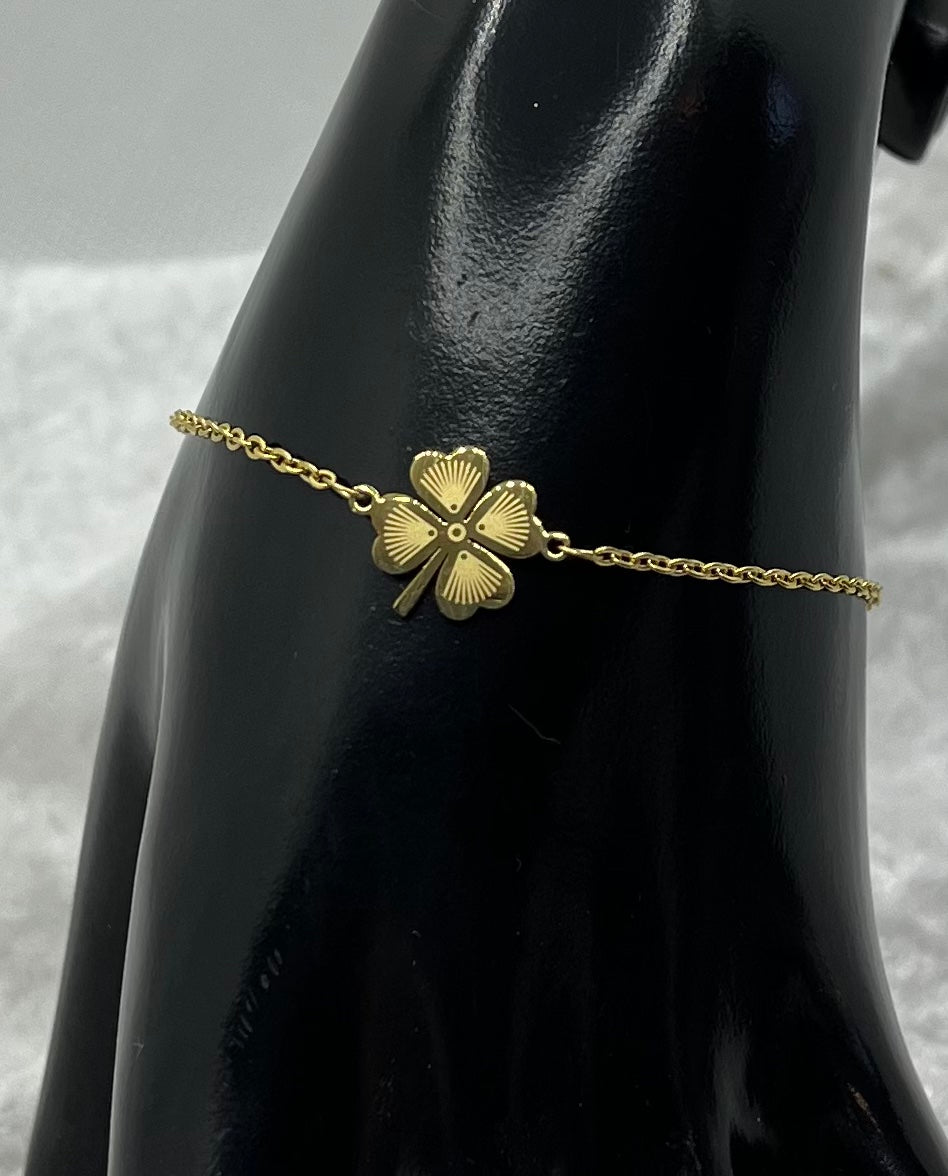 Ensemble bijoux Femme Collier + Bracelet Chaine fine Pendentif trèfle - Acier inoxydable - Doré
