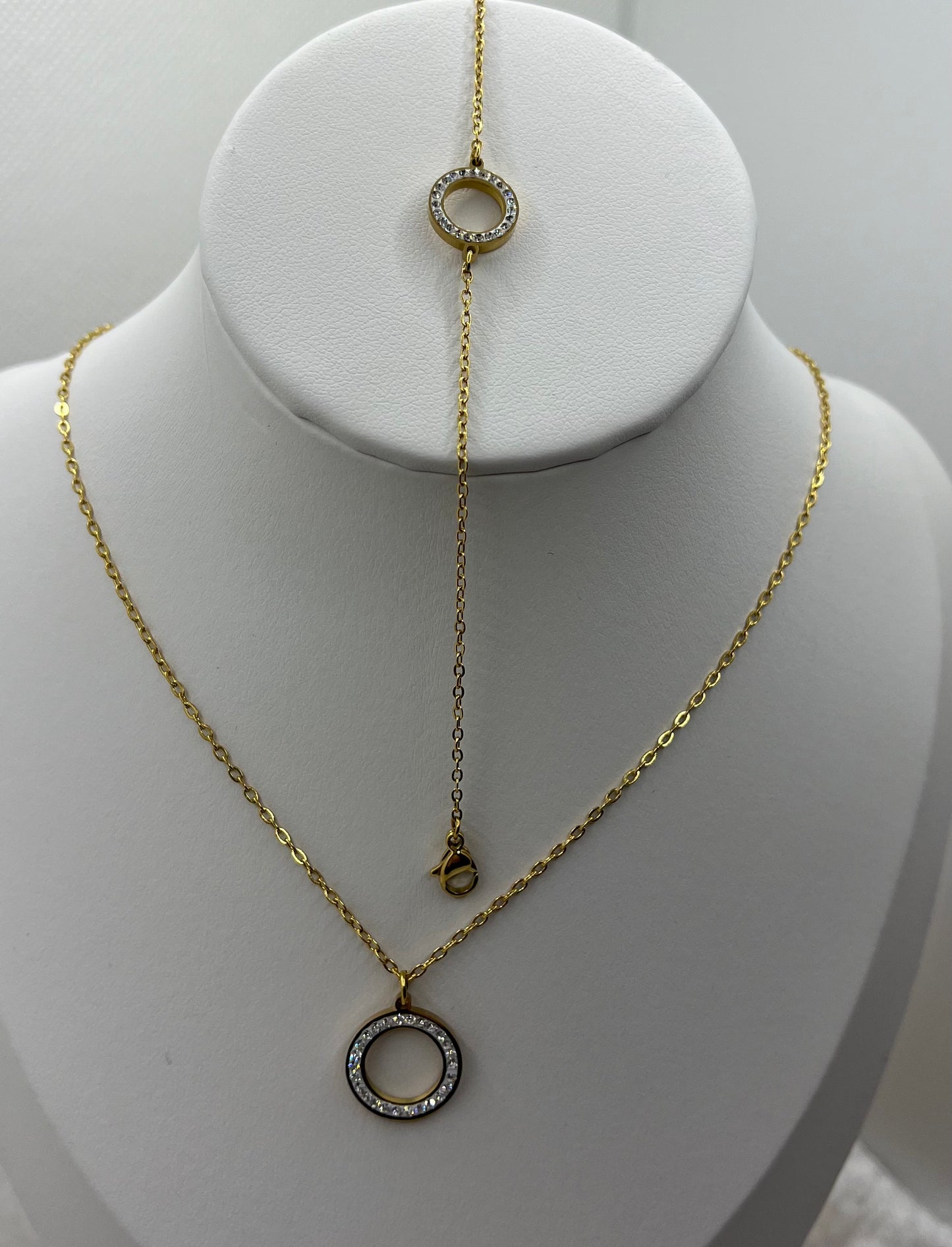 Ensemble Bijoux Femme Collier + Bracelet Chaine fine Pendentif Anneau orné de strass brillant - Acier Inoxydable - Doré