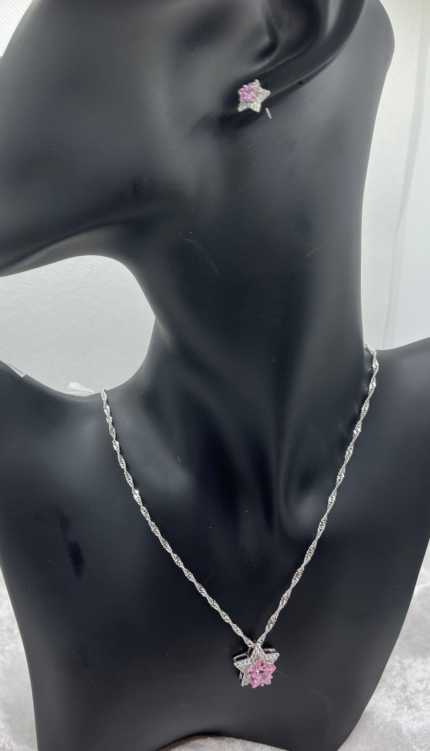 Ensemble Bijoux Femme - Collier chaine fine + Boucles d'oreilles - Pendentif Etoile Brillant rose Orné de strass brillant - Acier Inoxydable Argenté