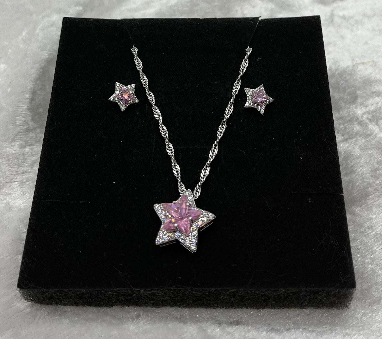 Ensemble Bijoux Femme - Collier chaine fine + Boucles d'oreilles - Pendentif Etoile Brillant rose Orné de strass brillant - Acier Inoxydable Argenté