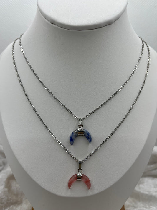 Collier Chaine en Acier inoxydable Argenté - Pendentif Lune en Pierre Naturelle